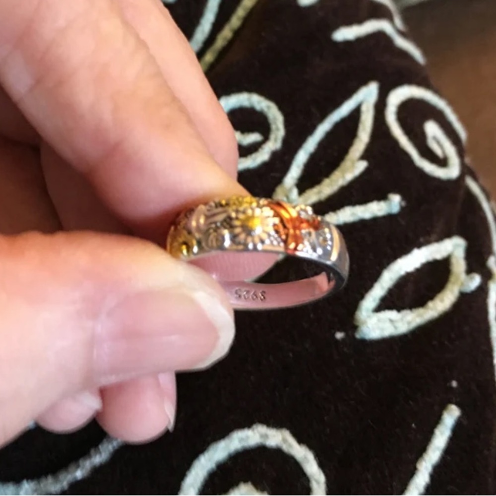 Vintage S925 750 Sterling Silver Rose Gold Carved Dragonfly Sunflower Ring - Picture 7 of 16